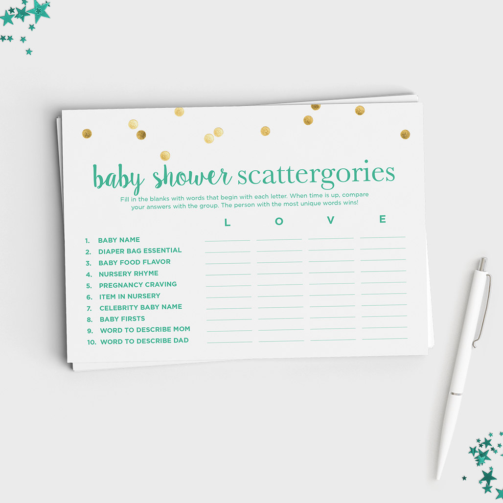 Baby Shower Scattergories Game - Mint & Glitter Design