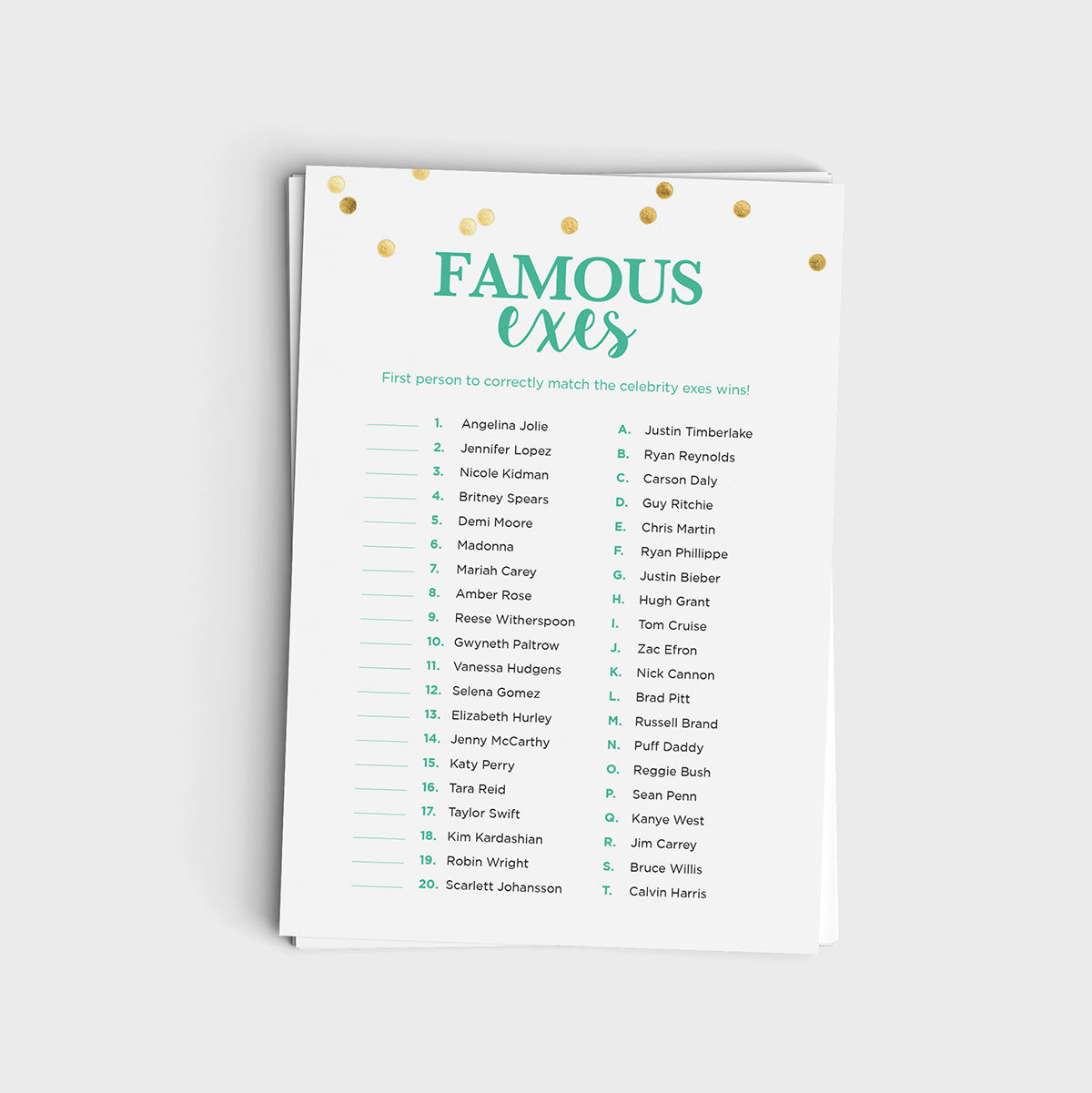 Famous Exes Match Game - Mint & Glitter Design