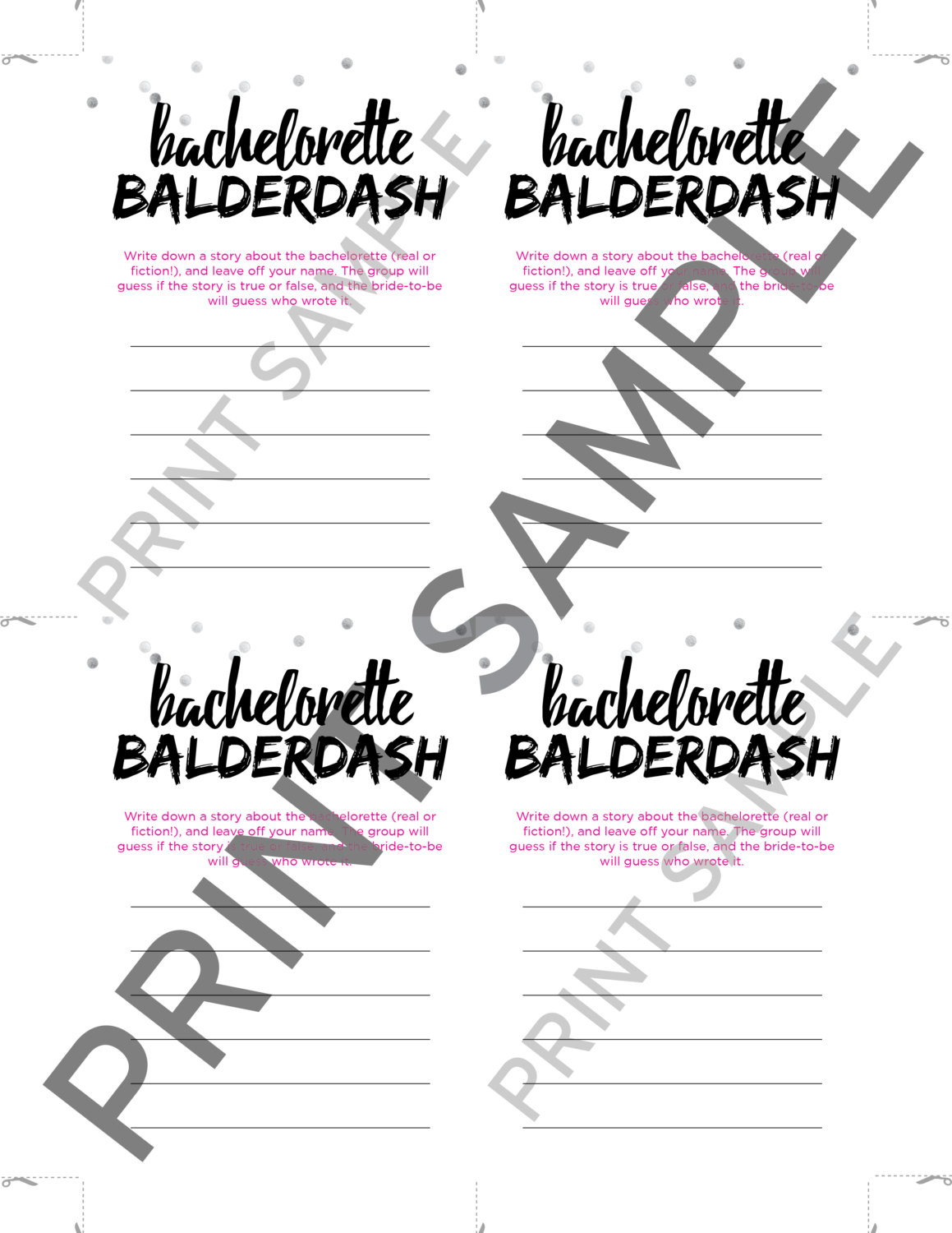 Fun Bachelorette Game - Bachelorette Balderdash Mini Cards and Sign