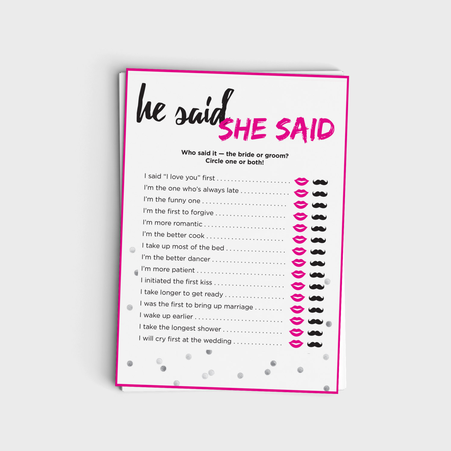 Fun He Said She Said Game - Bachelorette Game or Wedding Shower Game 
