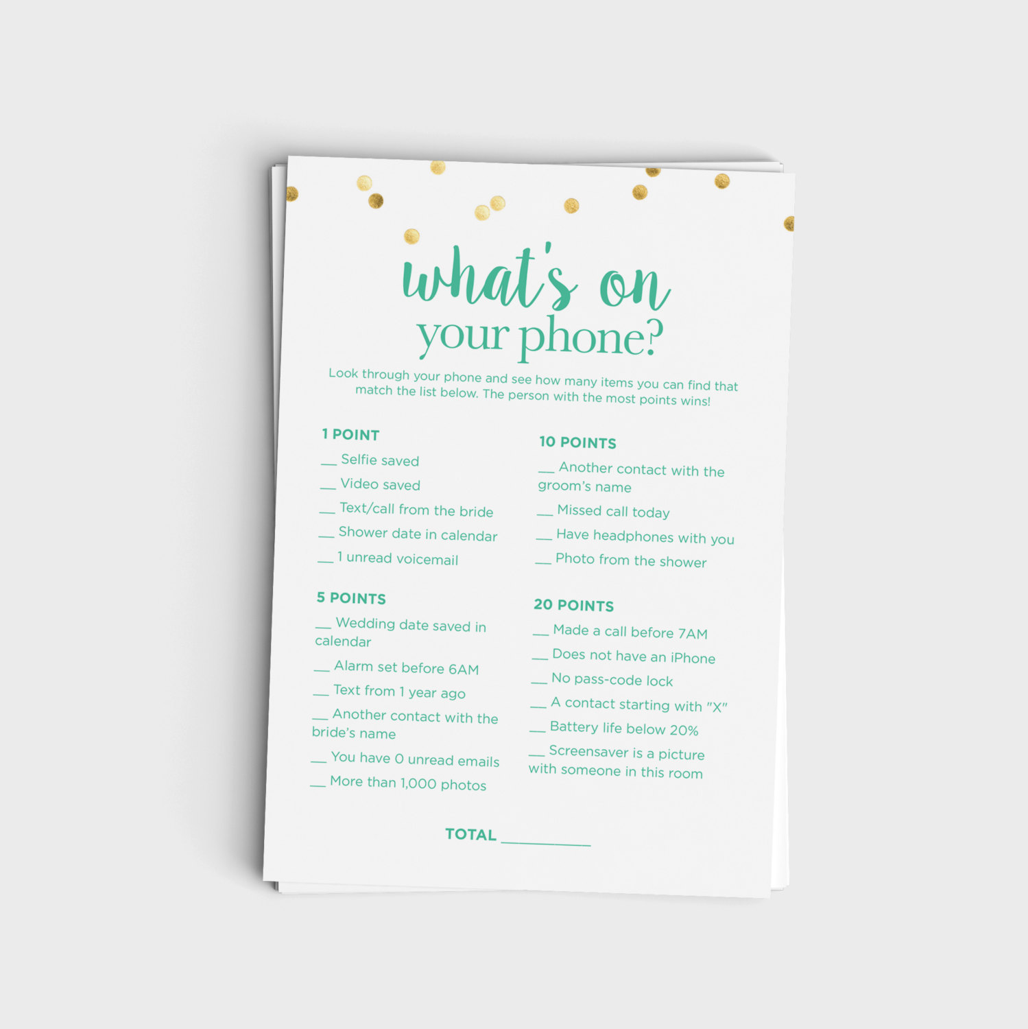 What's On Your Phone Game - Mint & Glitter Design