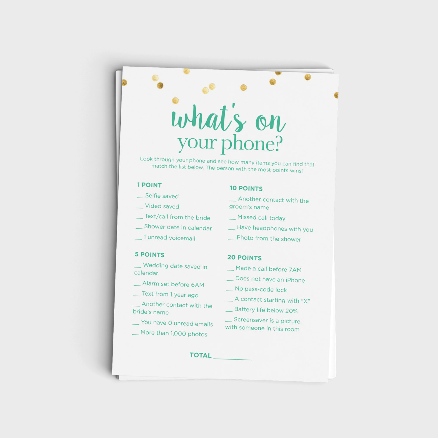 What's On Your Phone Game - Mint & Glitter Design 